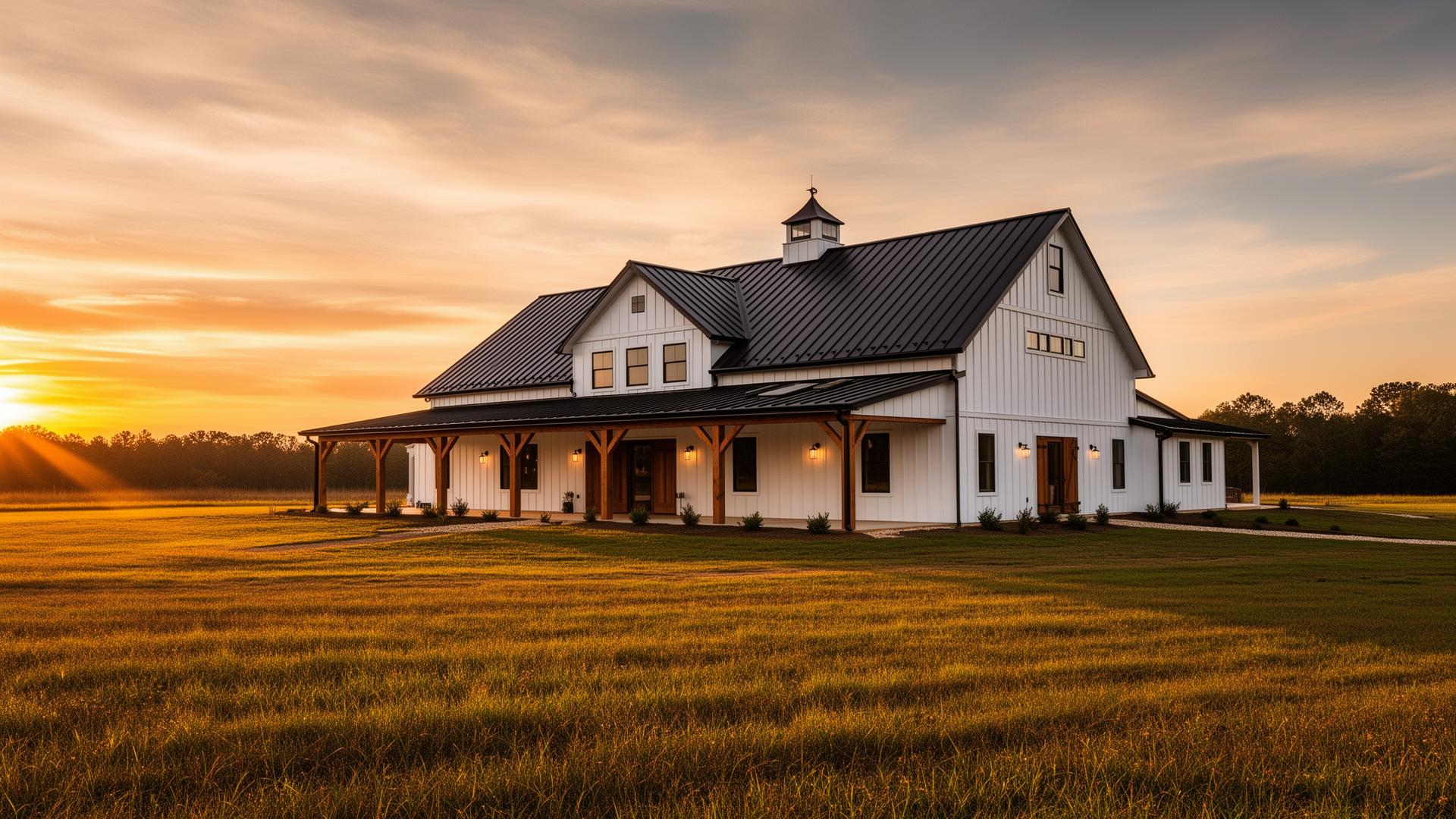 Custom white barndominium with black metal roof at sunset in North Carolina